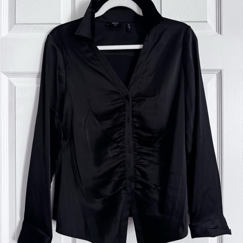 THEORY Black Satin Ruched Blouse